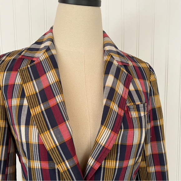 Vintage Plaid Oversized Blazer Light Jacket Red White Blue Yellow Preppy Size 8 - Picture 9 of 10
